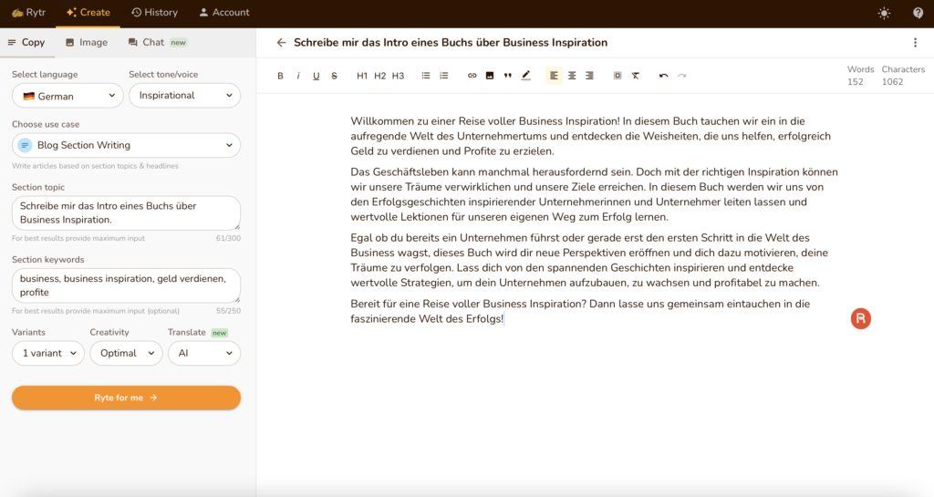 Screenshot vom Rytr Text generator